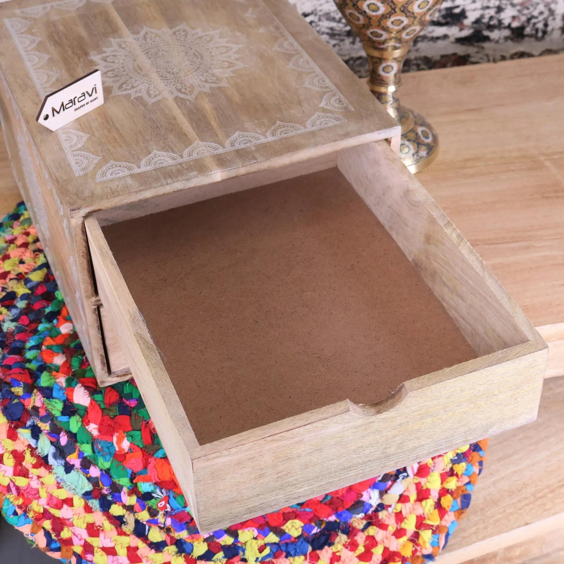 Hijla A4 Wooden Filing Box with Two Drawers and Mandala Design