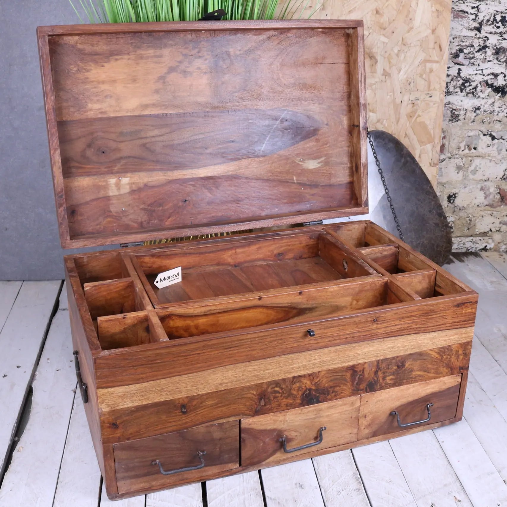 Large Wooden Chest Trunk with Compartments