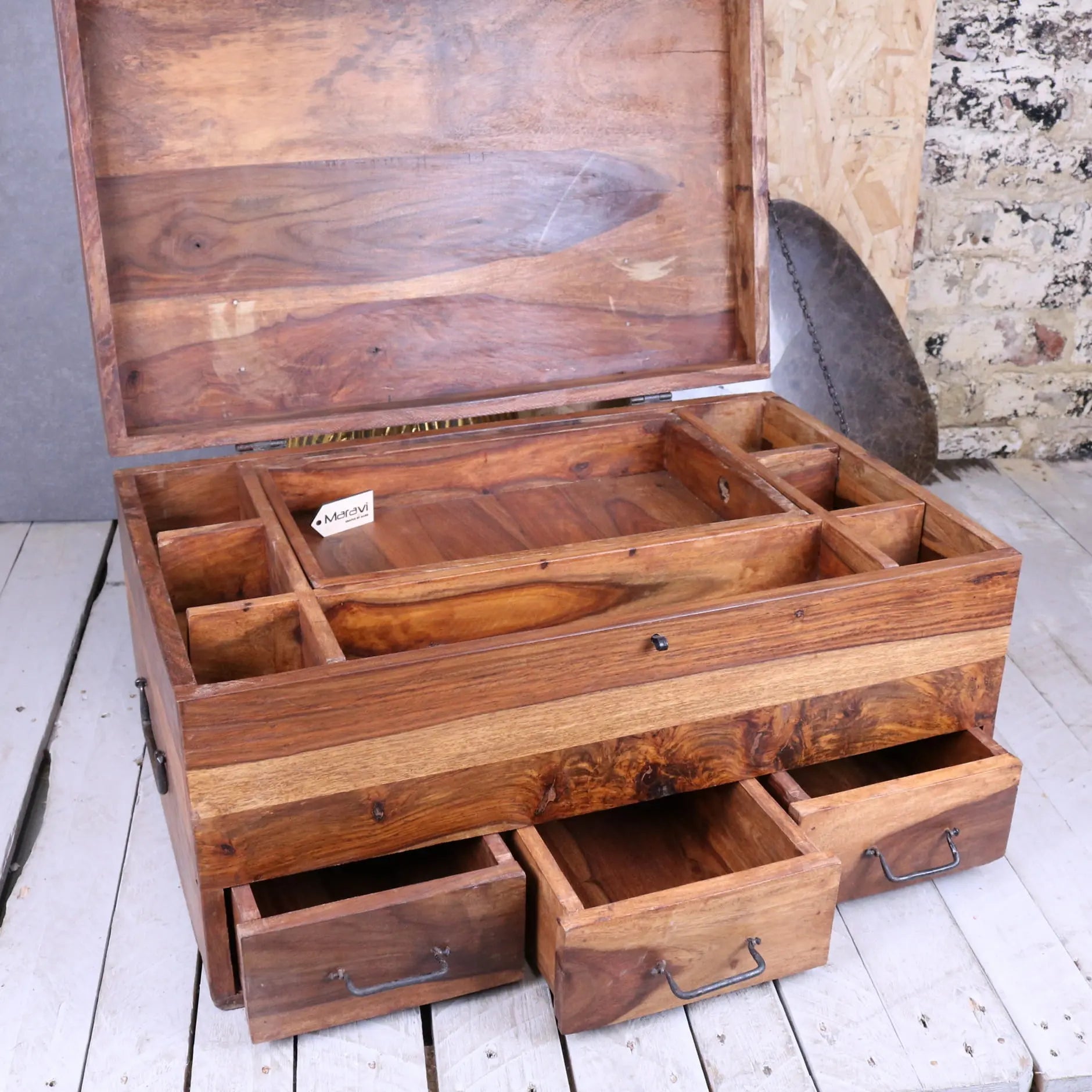 Large Wooden Chest Trunk with Compartments