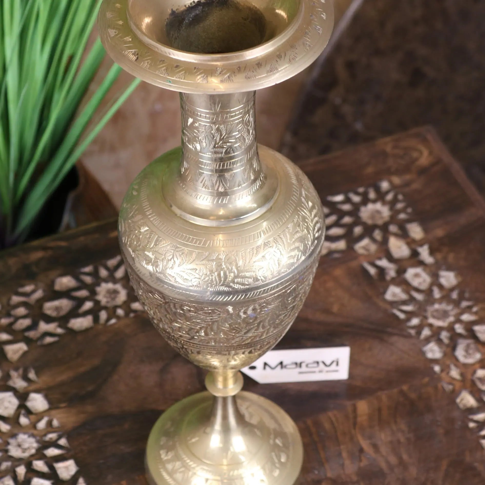Vintage Hand-Etched Brass Vase - 36cm Artisan Decor