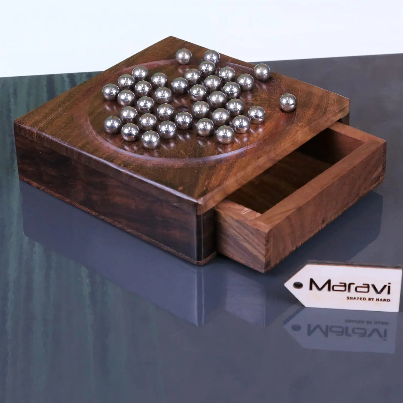Sesih Handcrafted Pocket Solitaire Game with Steel Marbles in Sheesham Wood