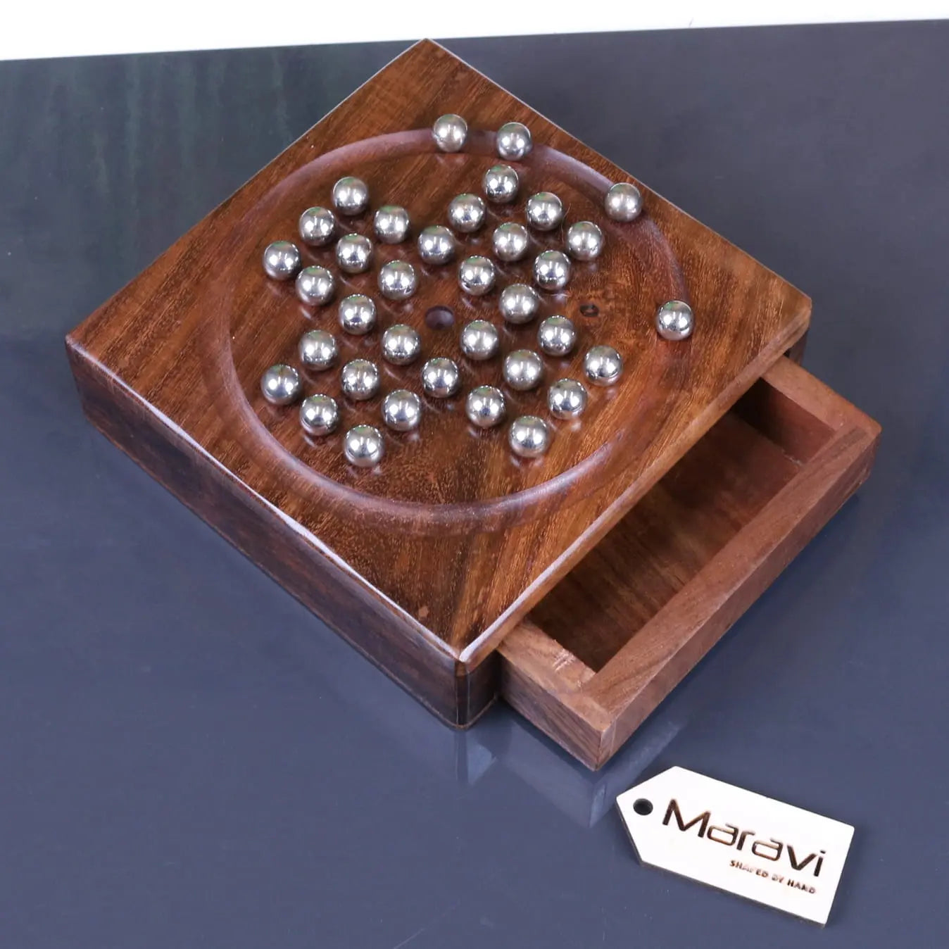 Sesih Handcrafted Pocket Solitaire Game with Steel Marbles in Sheesham Wood