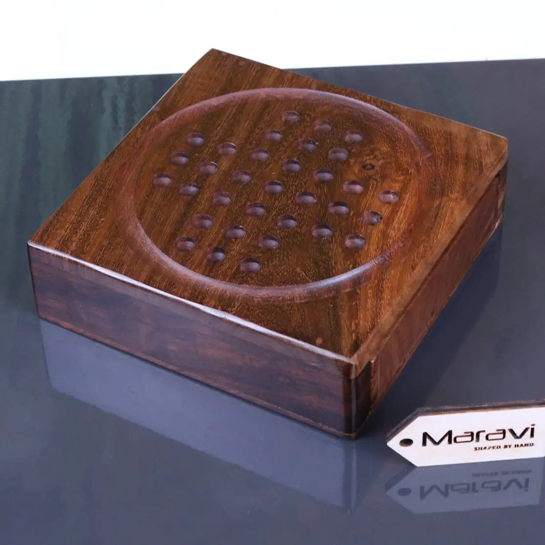 Sesih Handcrafted Pocket Solitaire Game with Steel Marbles in Sheesham Wood