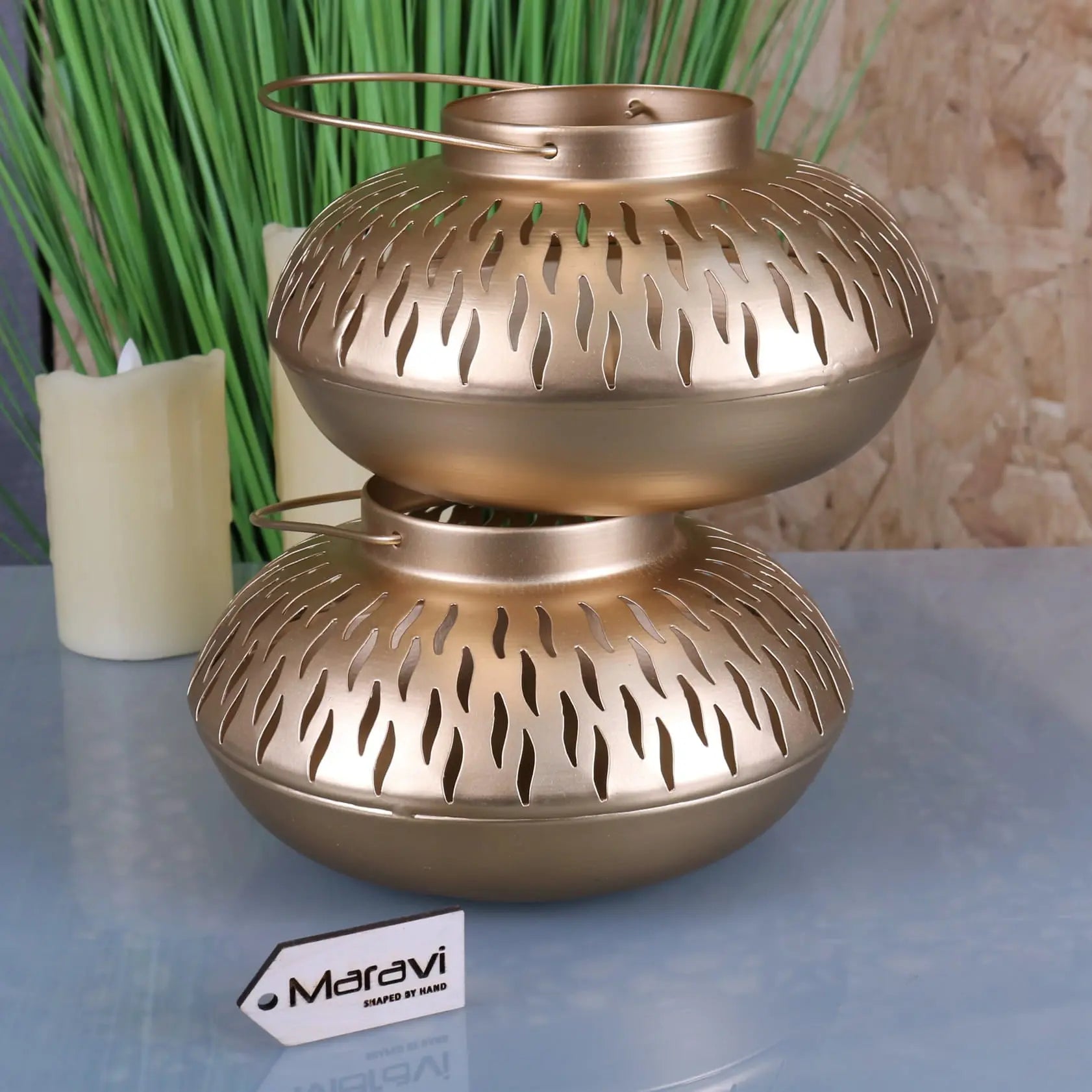 Mohra Set of 2 Elegant Gold Candle Lanterns for Ambient Décor