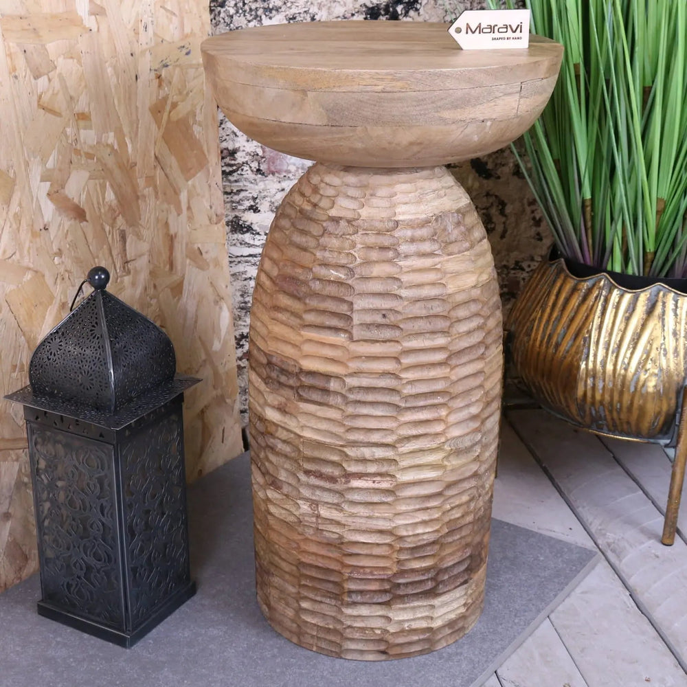 Reiek Wooden Carved Pedestal Side Table