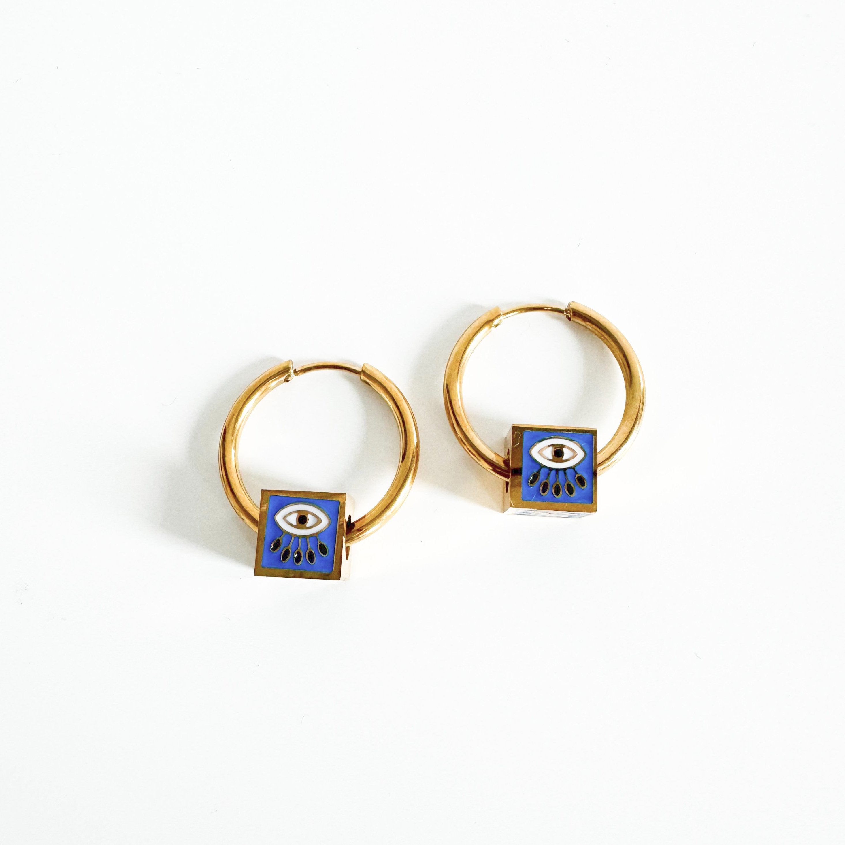 Jameela Luxe 18k Gold Plated Cobalt Evil Eye Charm Hoop Earrings