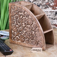 Aundh Handcrafted Mango Wood Remote Control Holder with Elegant Floral Design