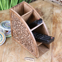 Aundh Handcrafted Mango Wood Remote Control Holder with Elegant Floral Design