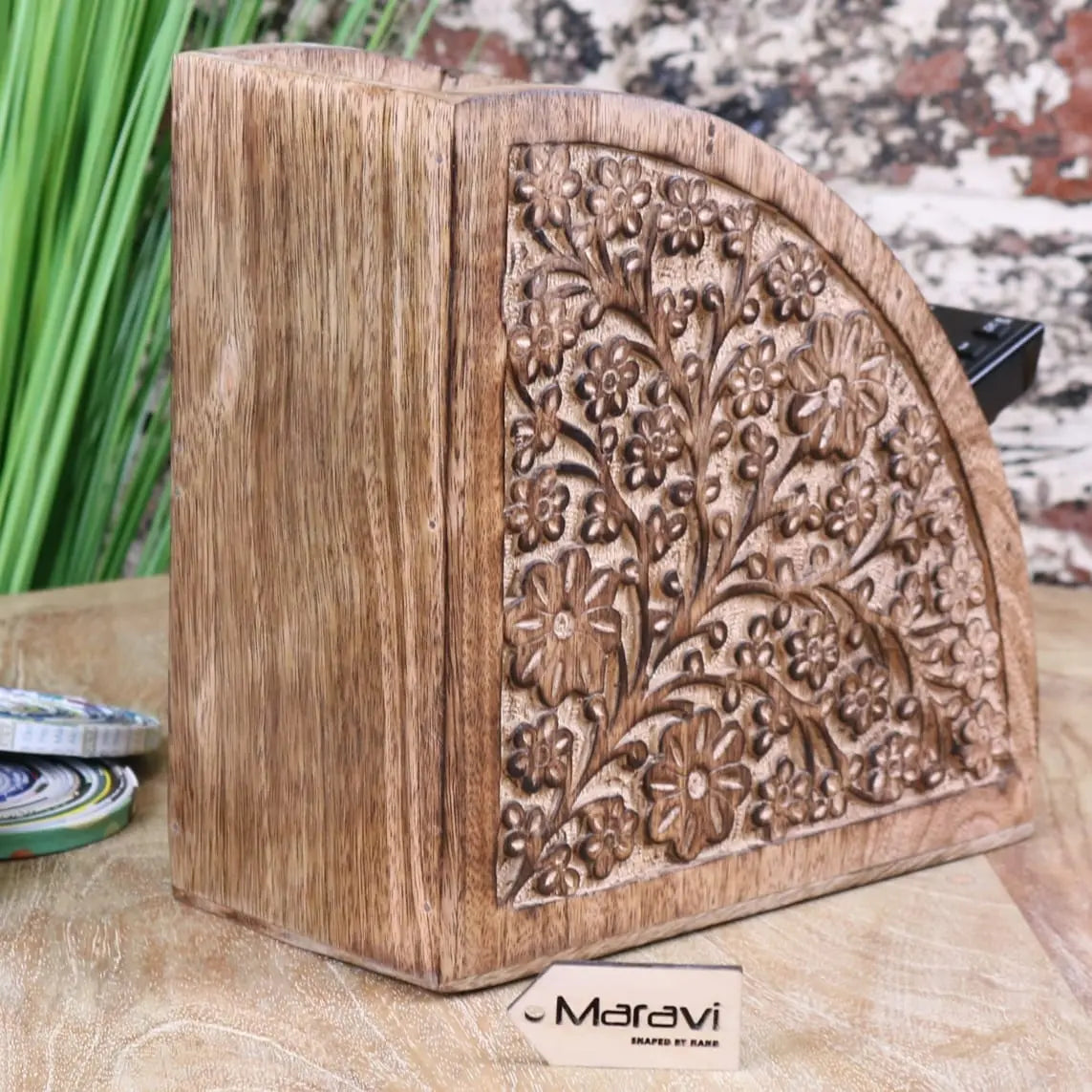 Aundh Handcrafted Mango Wood Remote Control Holder with Elegant Floral Design