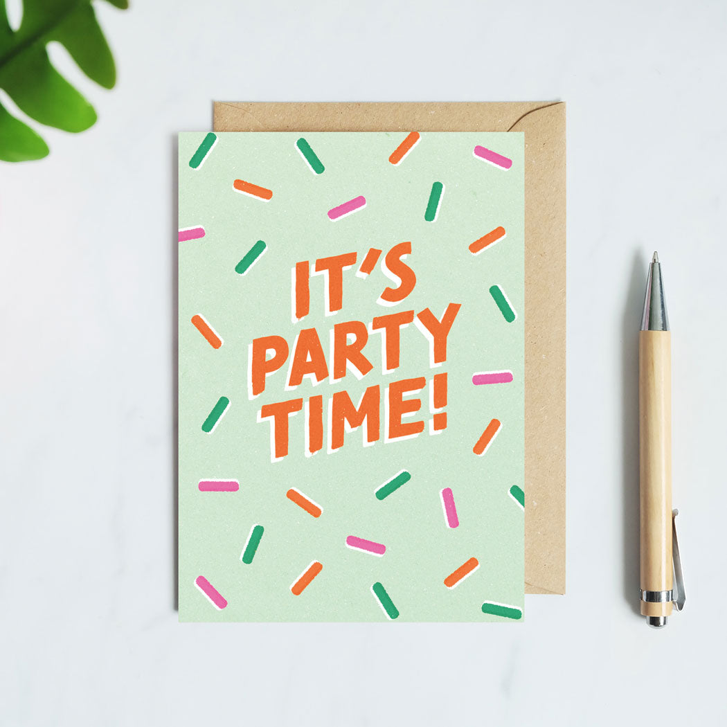Vibrant Party Time Birthday Card with Confetti Design