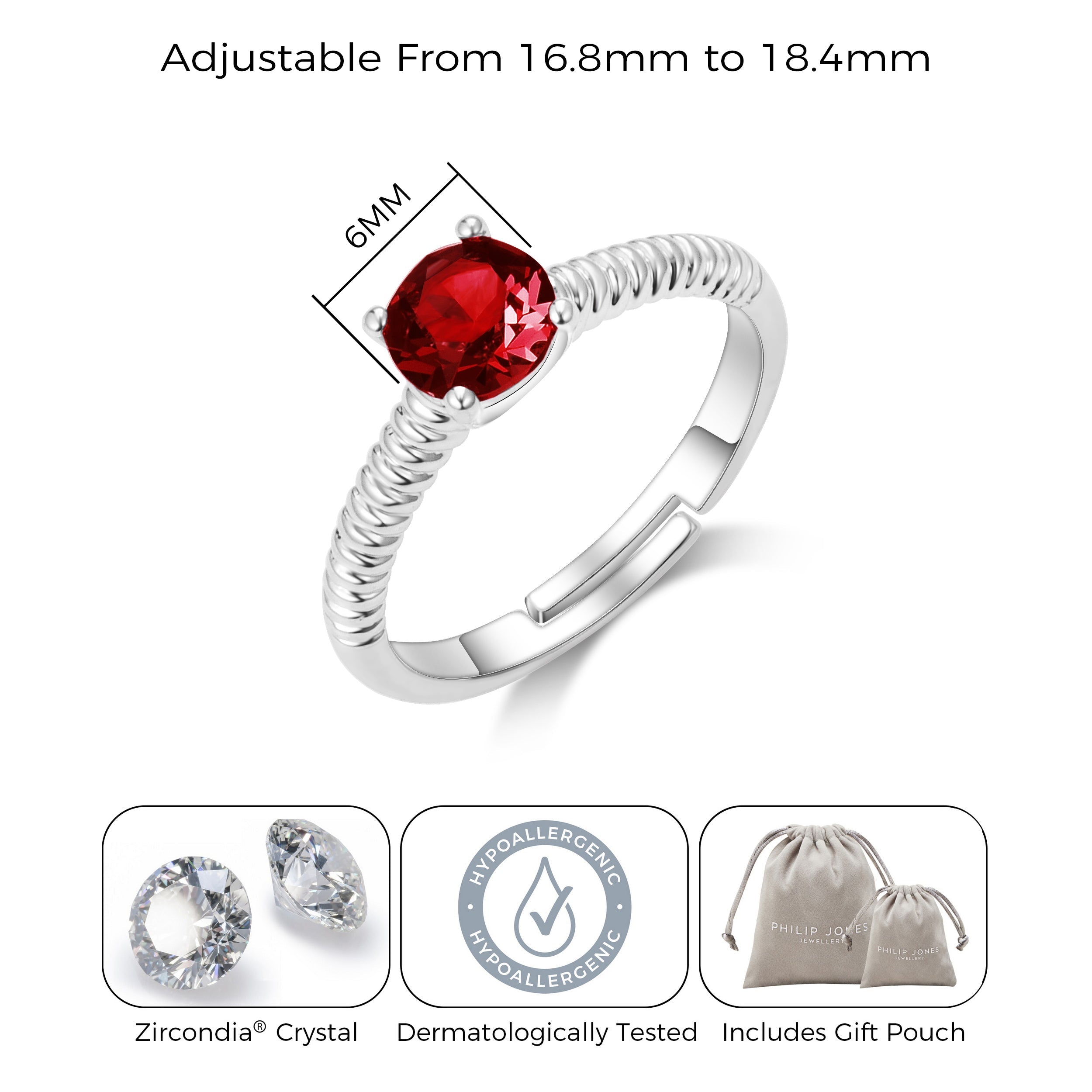 Dark Red Adjustable Crystal Ring Created with Zircondia® Crystals