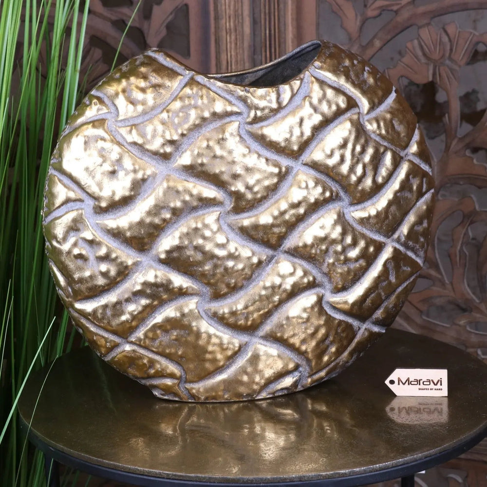 Jora Gold Oval Embossed Metal Vase - Timeless Elegance for Your Home
