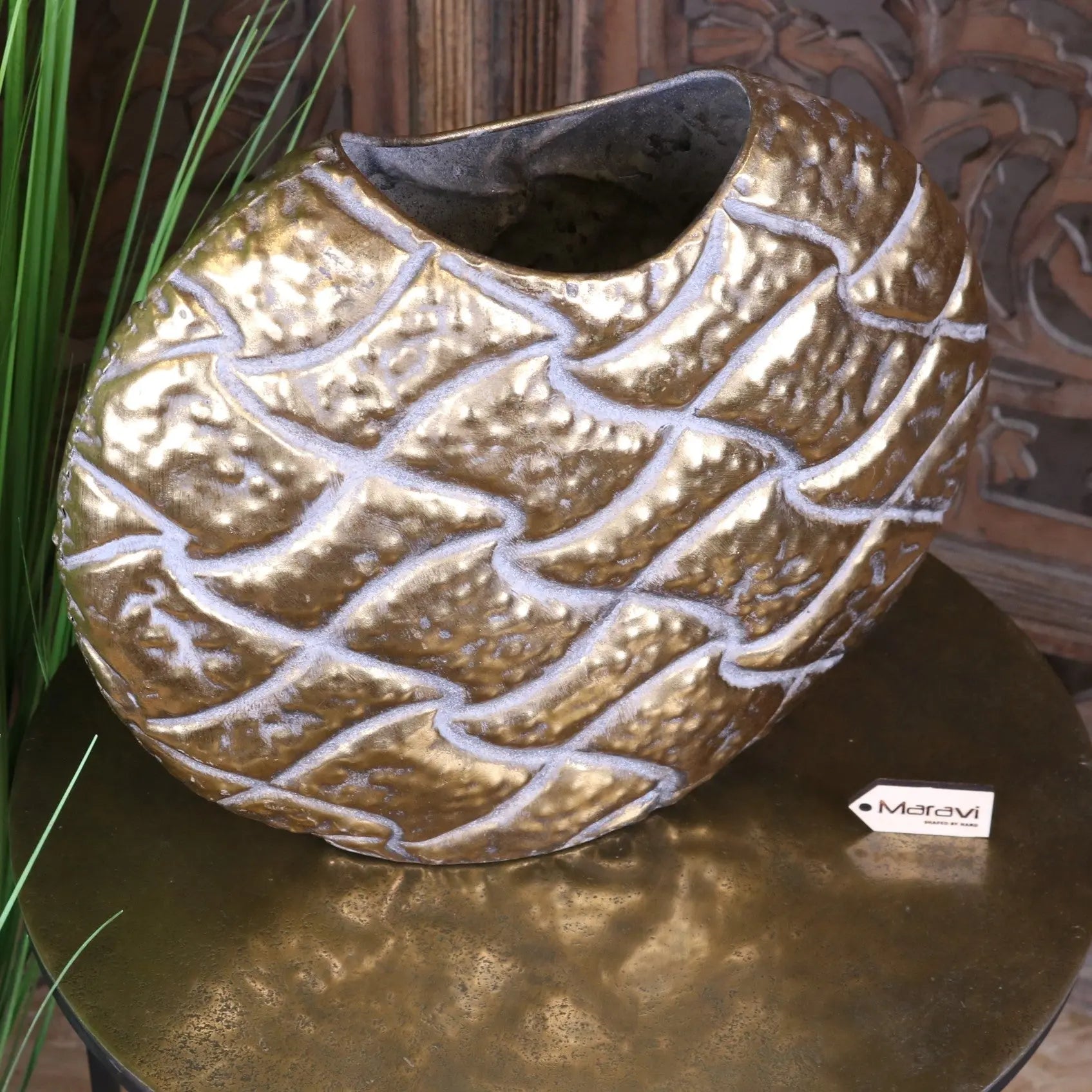 Jora Gold Oval Vase Embossed Metal