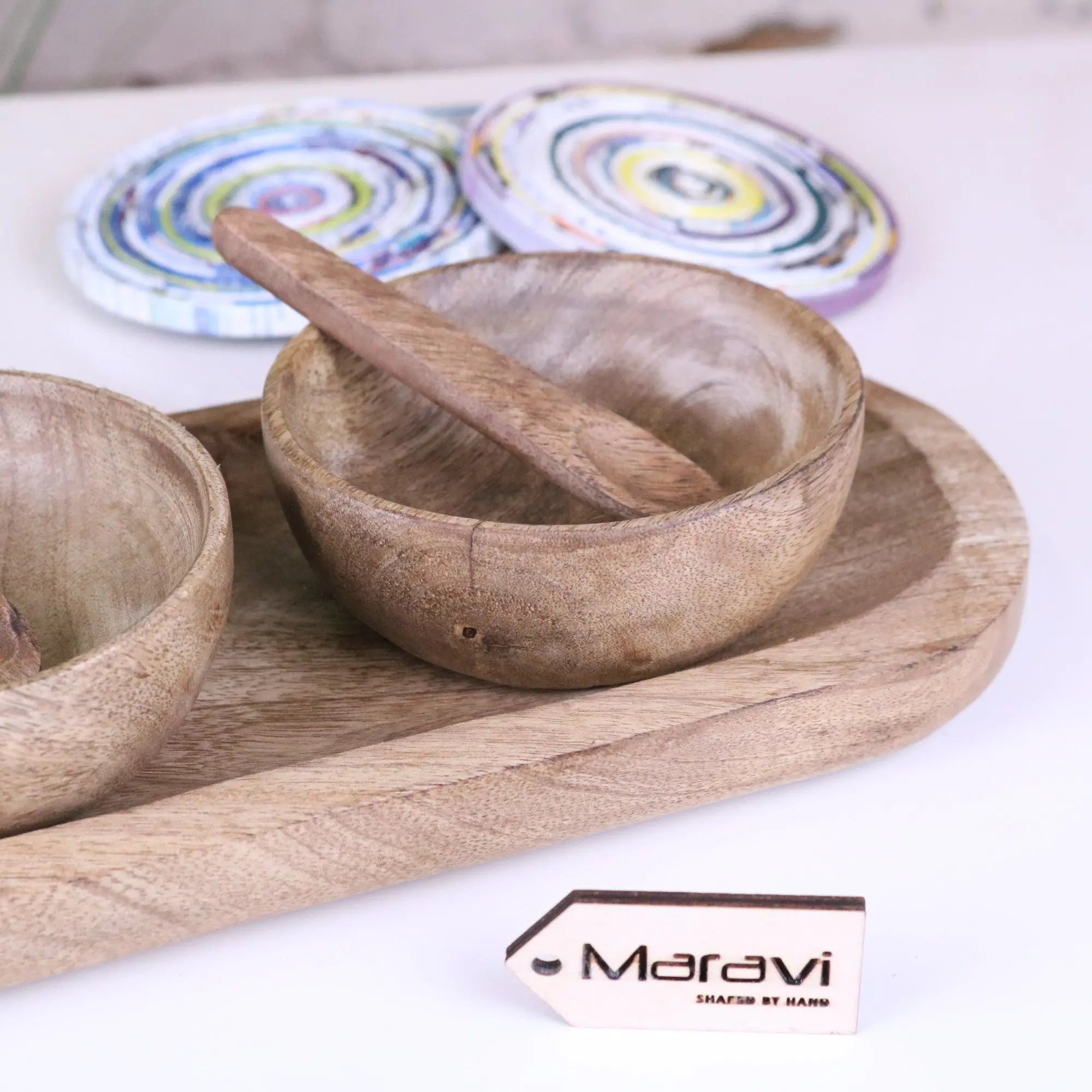 Karuna Mango Wood Serving Bowl Set of 3 with Tray