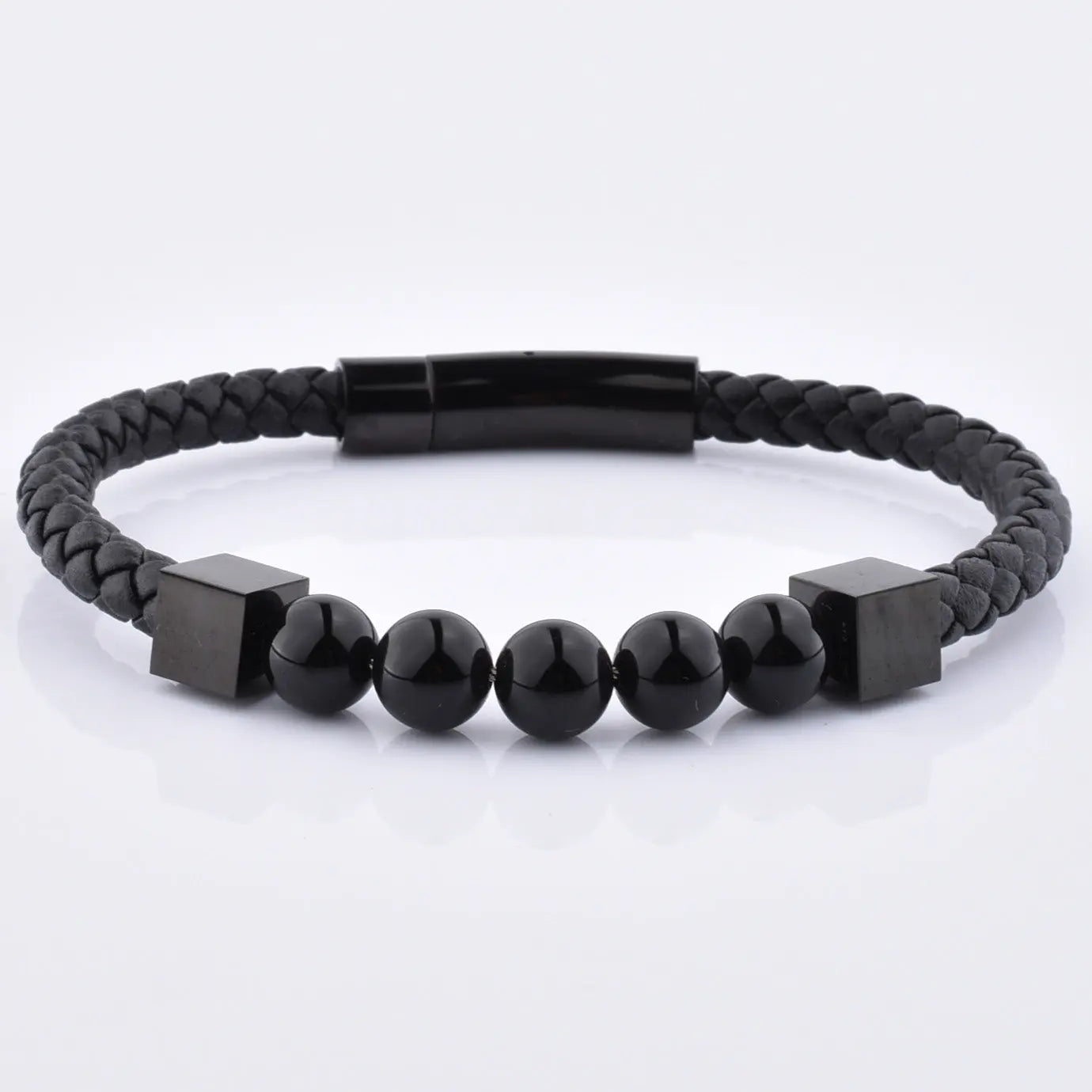 Leather Braided Black Onyx Mens Bracelet