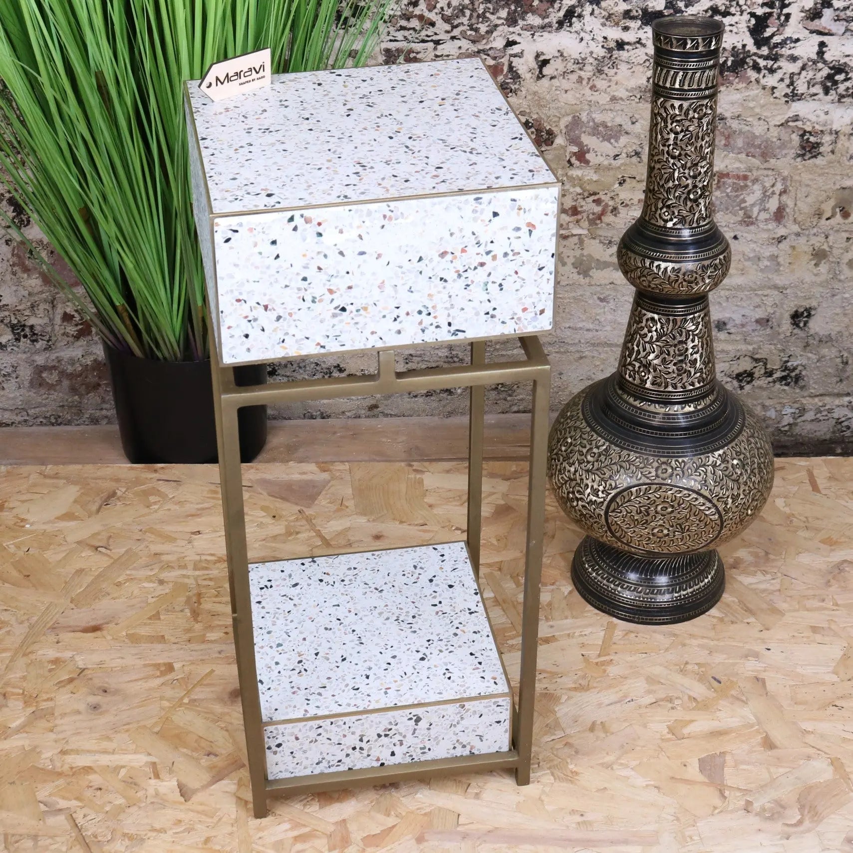 Lira Terrazzo Side Table with Antique Brass Frame