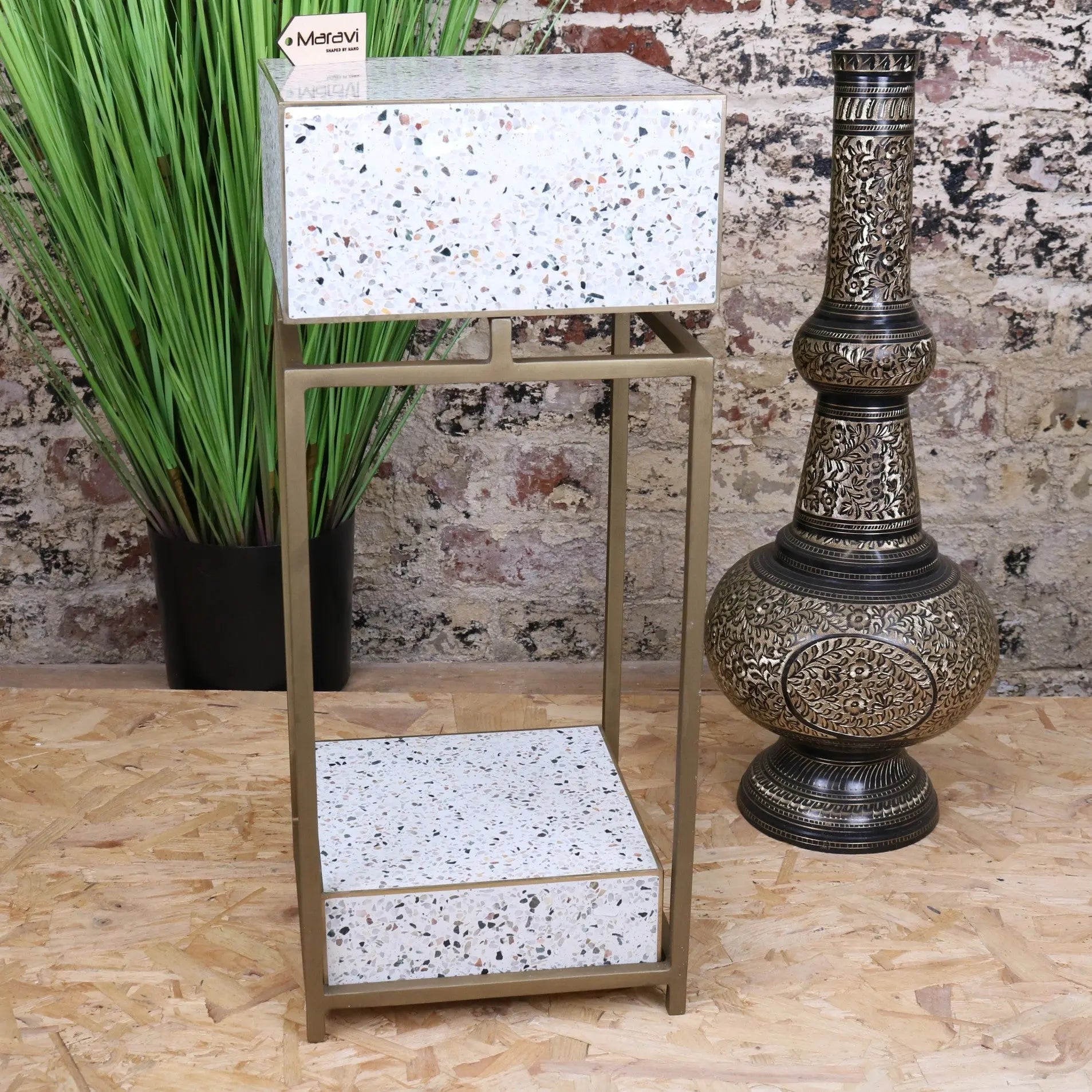 Lira Terrazzo Side Table with Antique Brass Frame