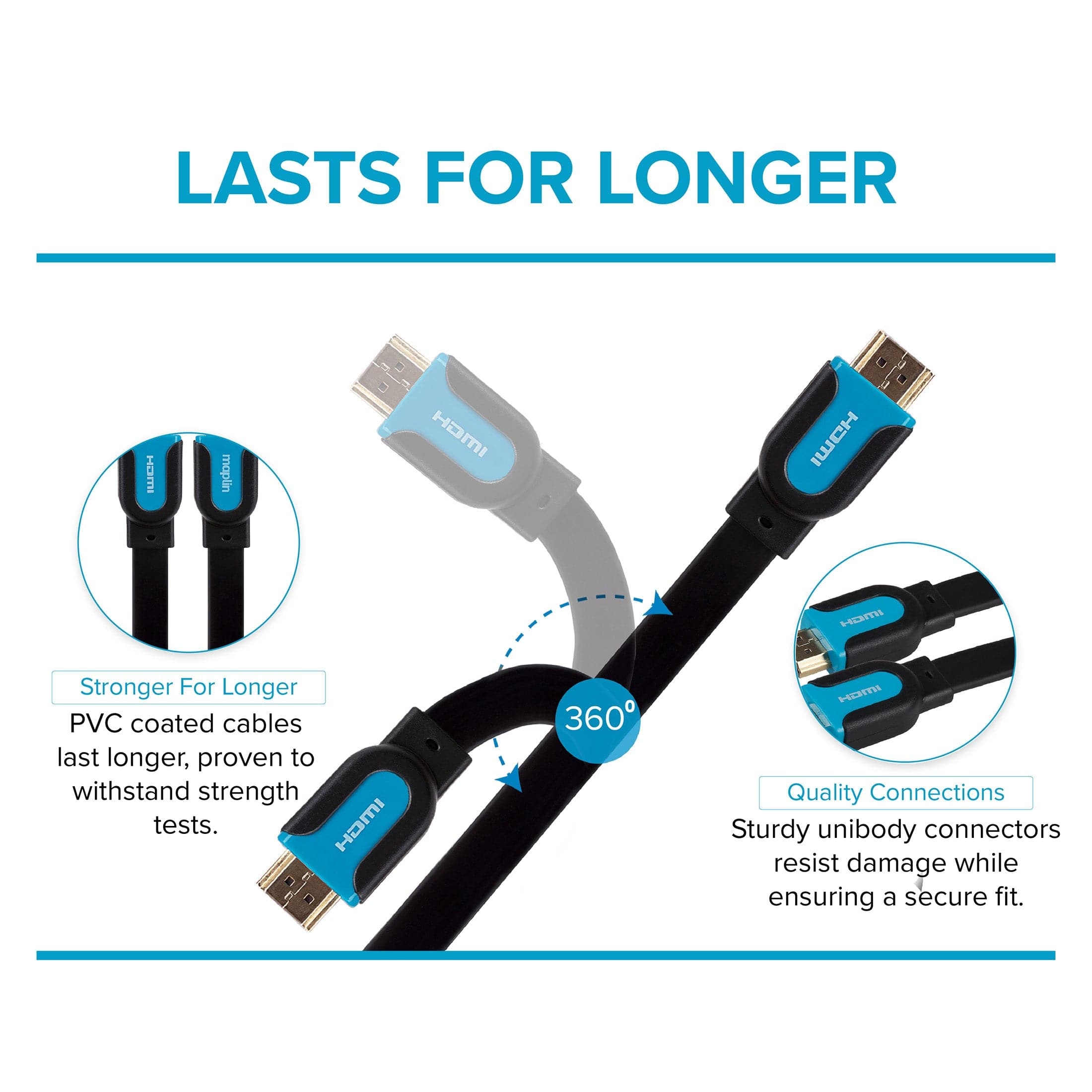 Maplin Flat HDMI to HDMI 4K Ultra HD Cable with Gold Connectors - Black, 3m