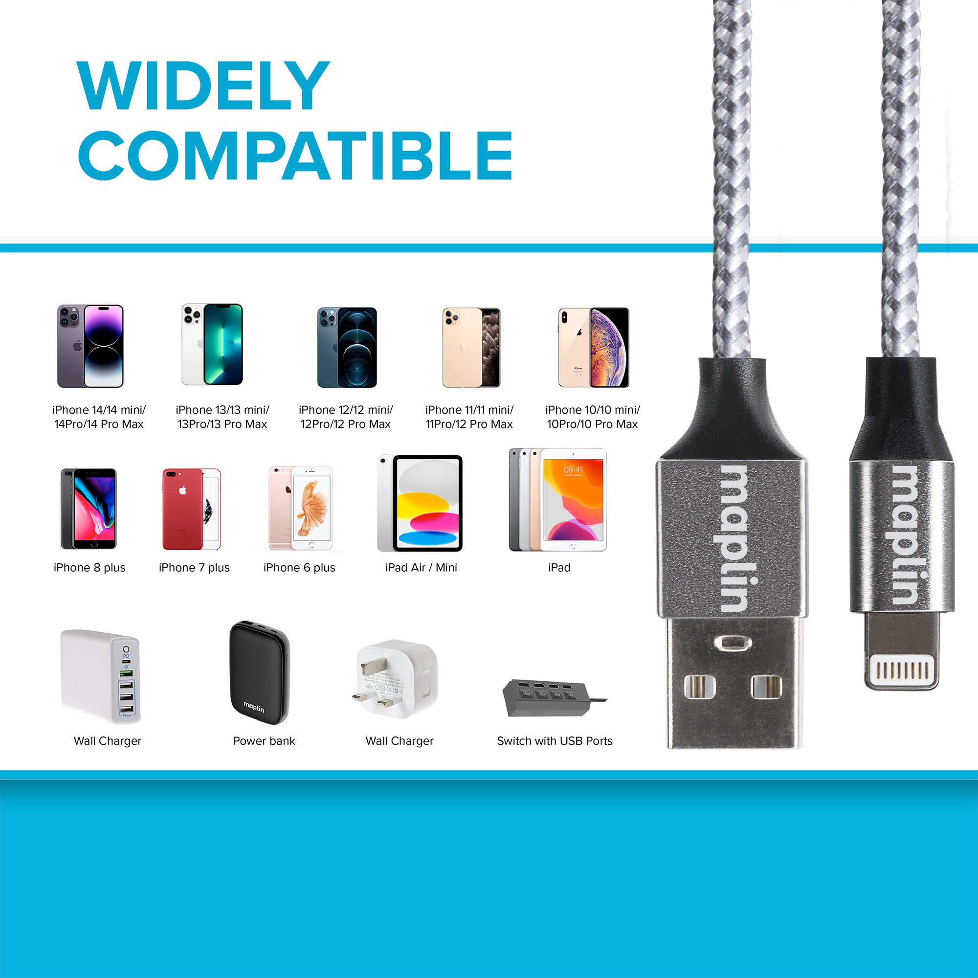 Maplin Premium Apple MFI Certified Tangle-Free Lightning to USB-A 2.0 Cable - Silver, 3m