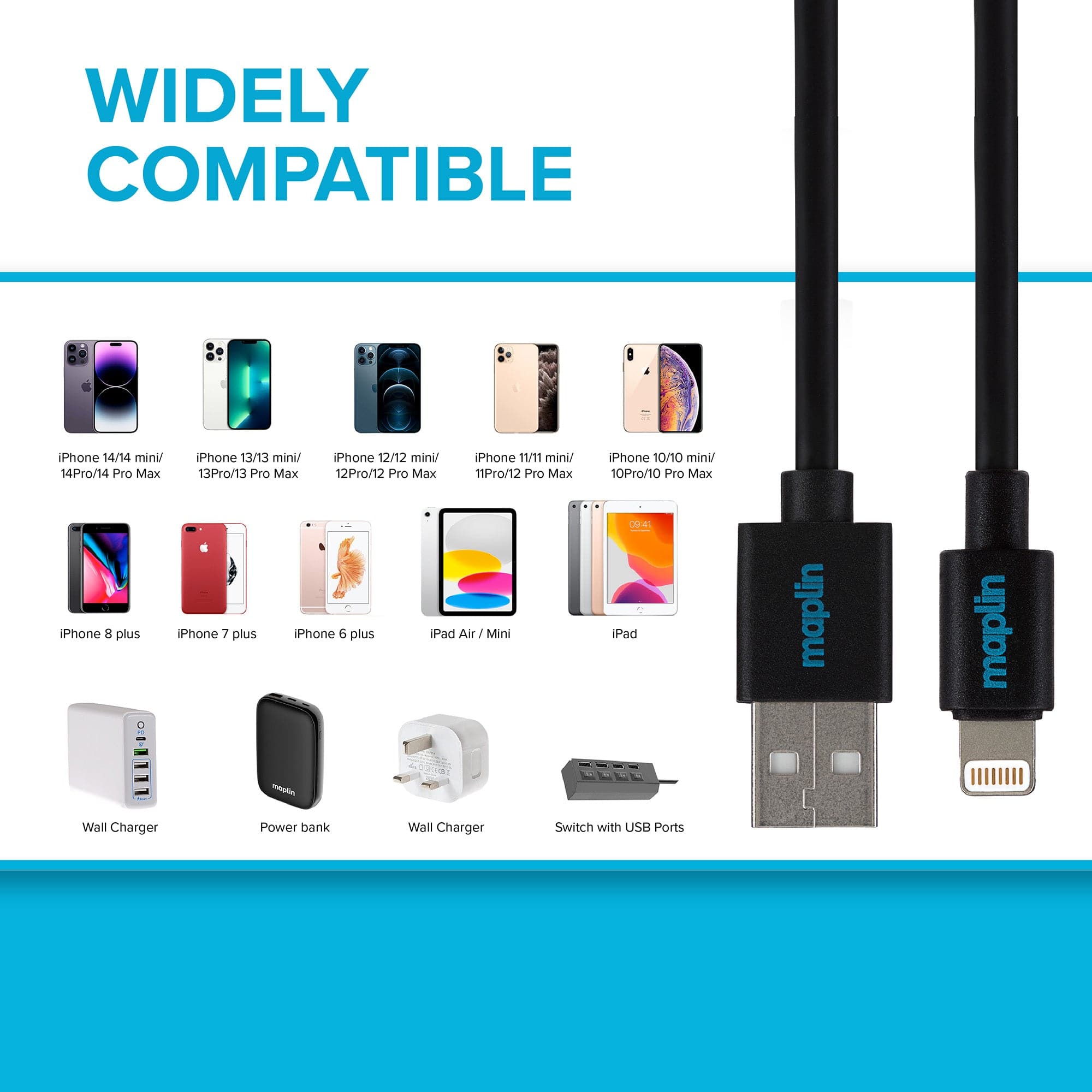 Maplin Lightning to USB-A Cable - Black, 0.5m