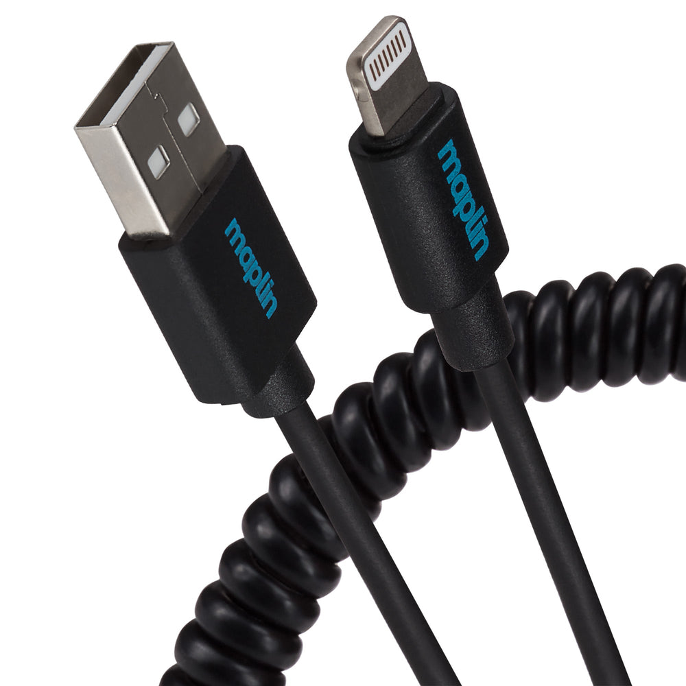 Maplin Coiled Lightning to USB-A Charging Cable - Black