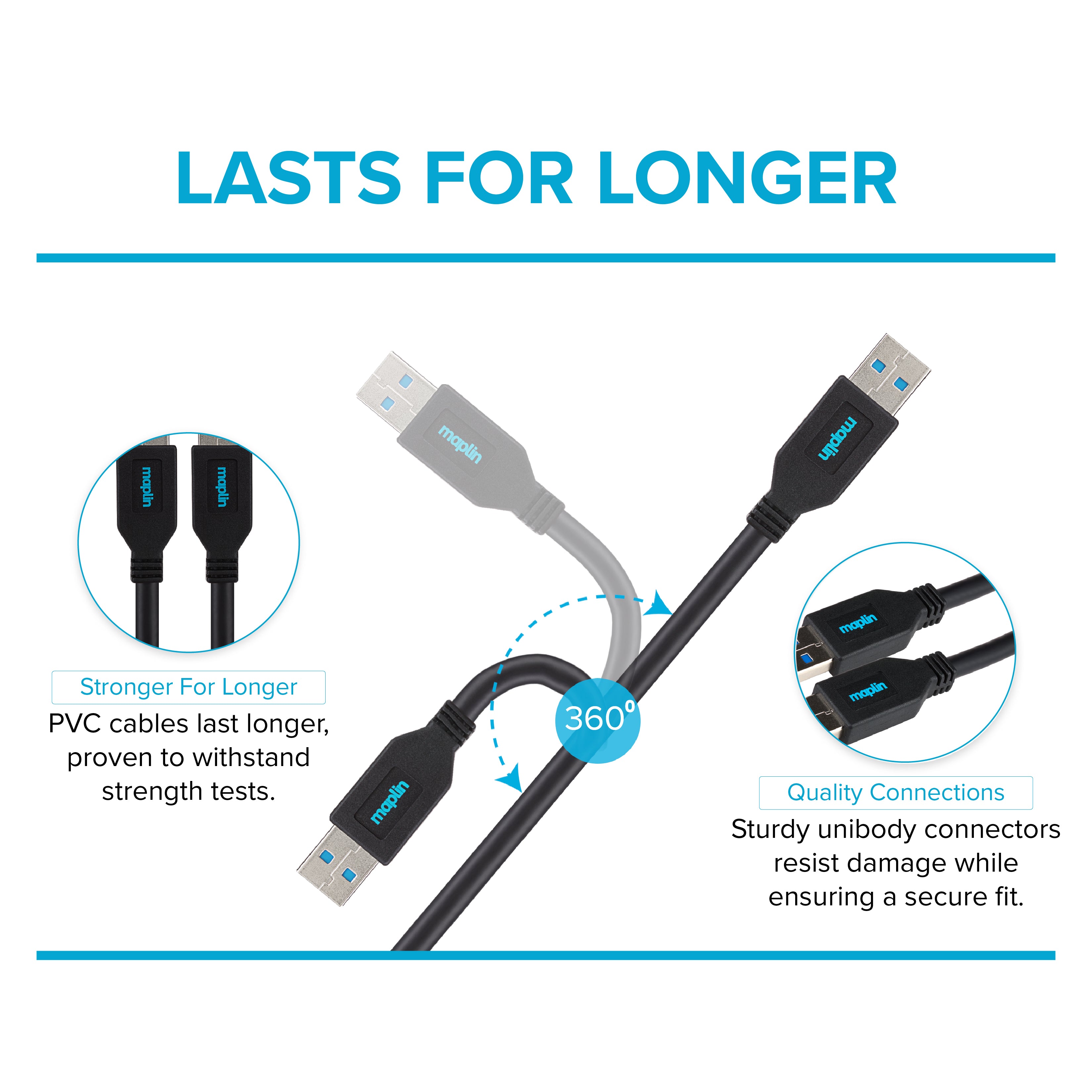 Maplin USB-A 3.0 to USB-A 3.0 Super Speed 5Gbps Cable - Black, 3m