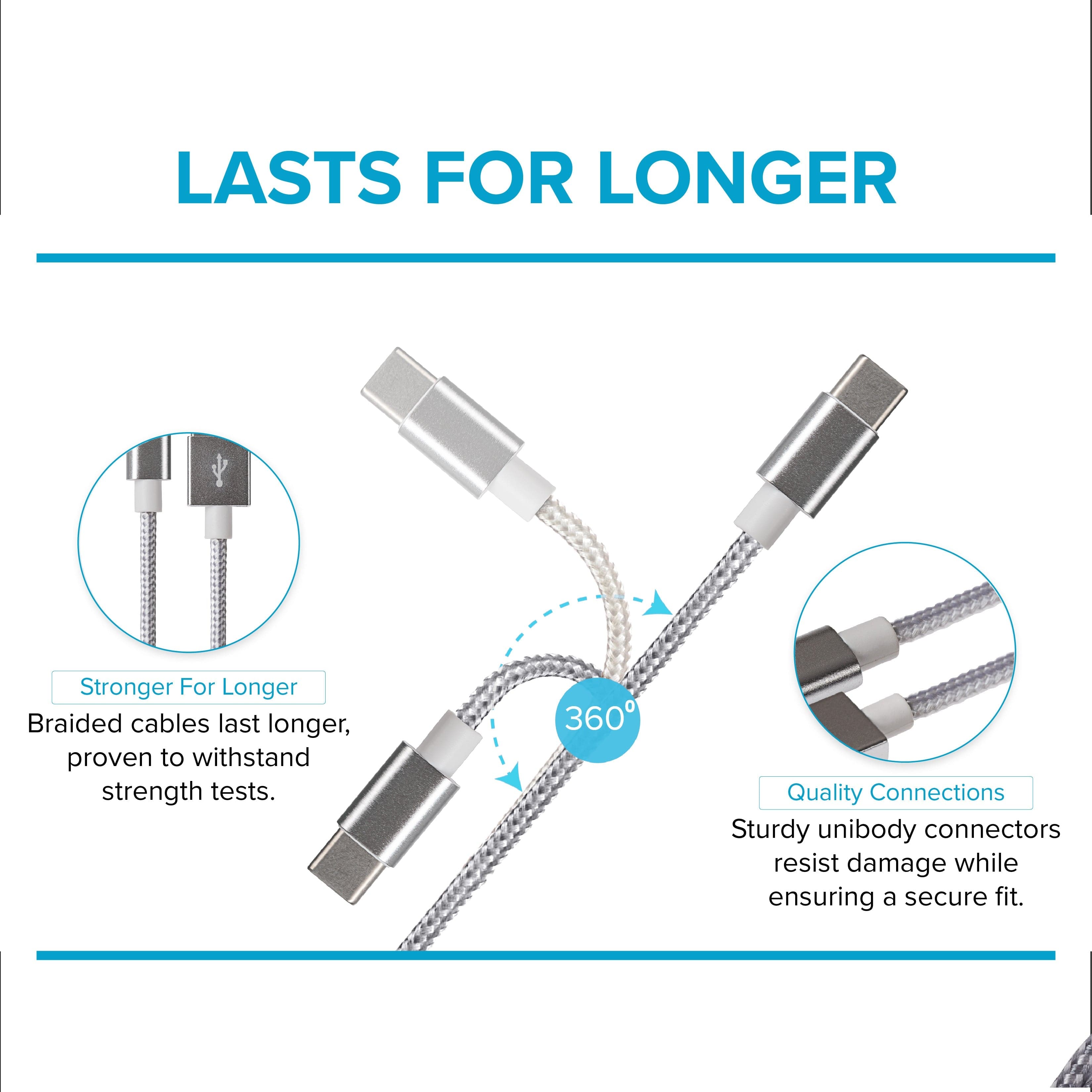 Maplin USB-C to USB-A Braided Cable - Silver, 2m