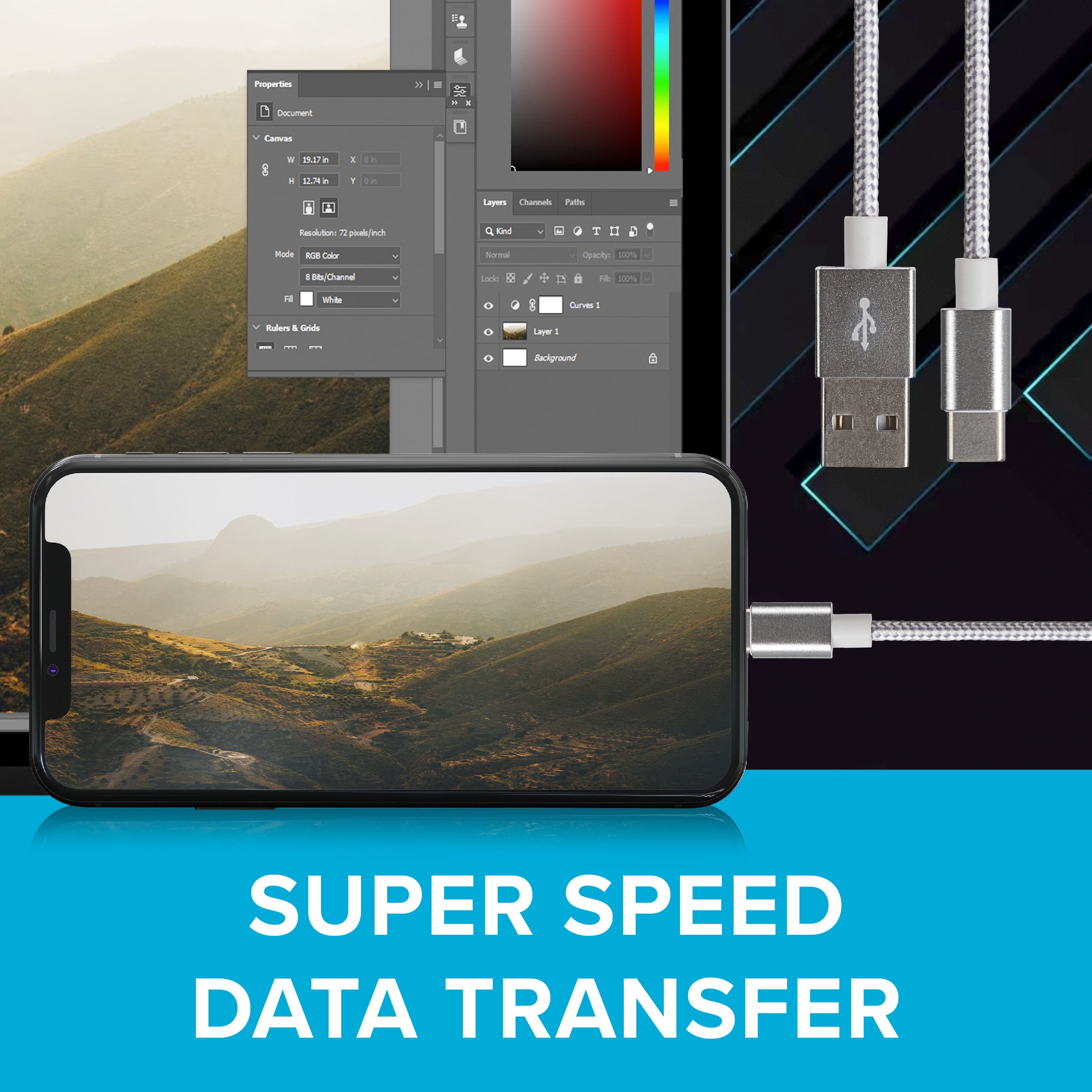 Maplin USB-C to USB-A Braided Cable - Silver, 2m