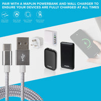 Maplin USB-C to USB-A Braided Cable - Silver, 2m