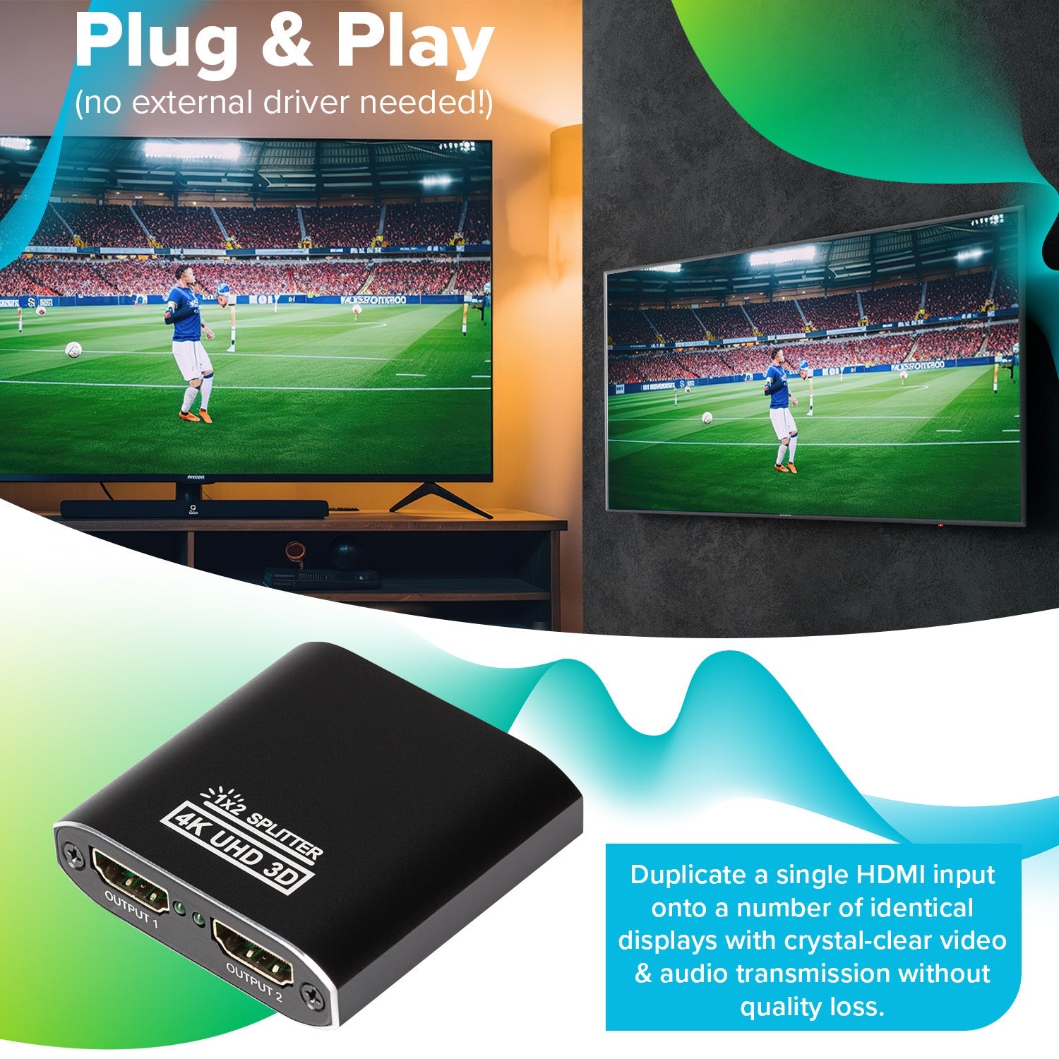 Maplin HDMI Splitter 1 Port In 2 Ports Out 4K Ultra HD @30Hz 10.2Gbps