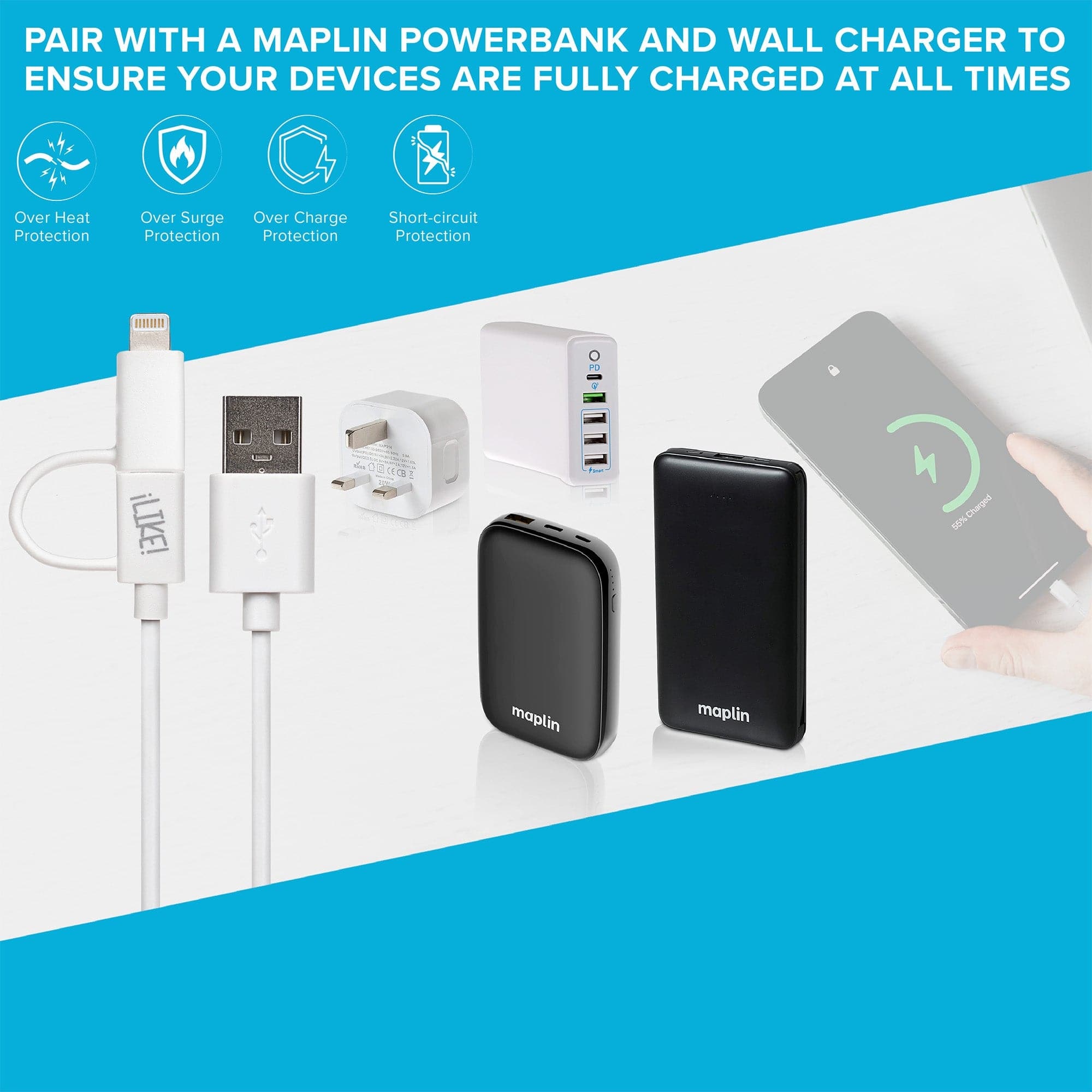 Maplin USB-A to 2-in-1 Multi-Charging Lightning & Micro USB Cable - White, 1m