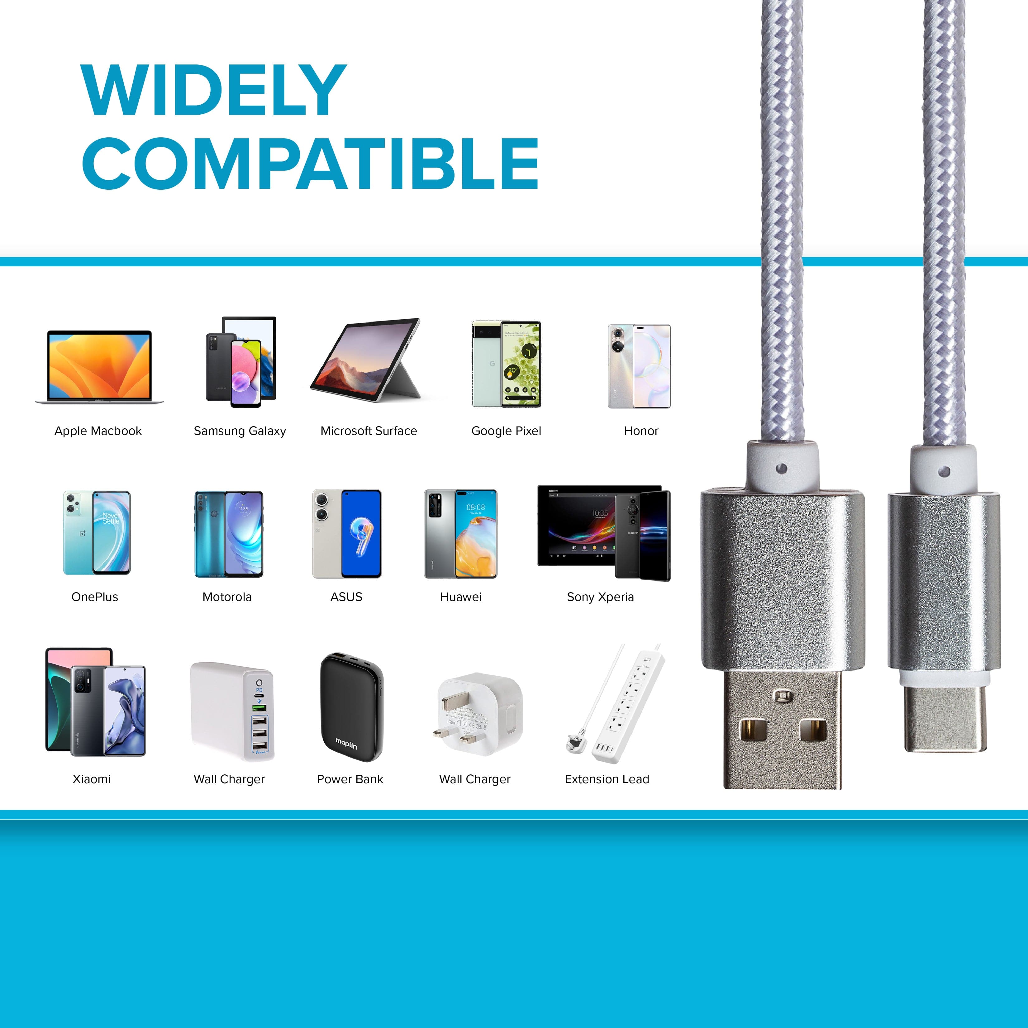 Maplin USB-C to USB-A Braided Cable - Silver, 3m