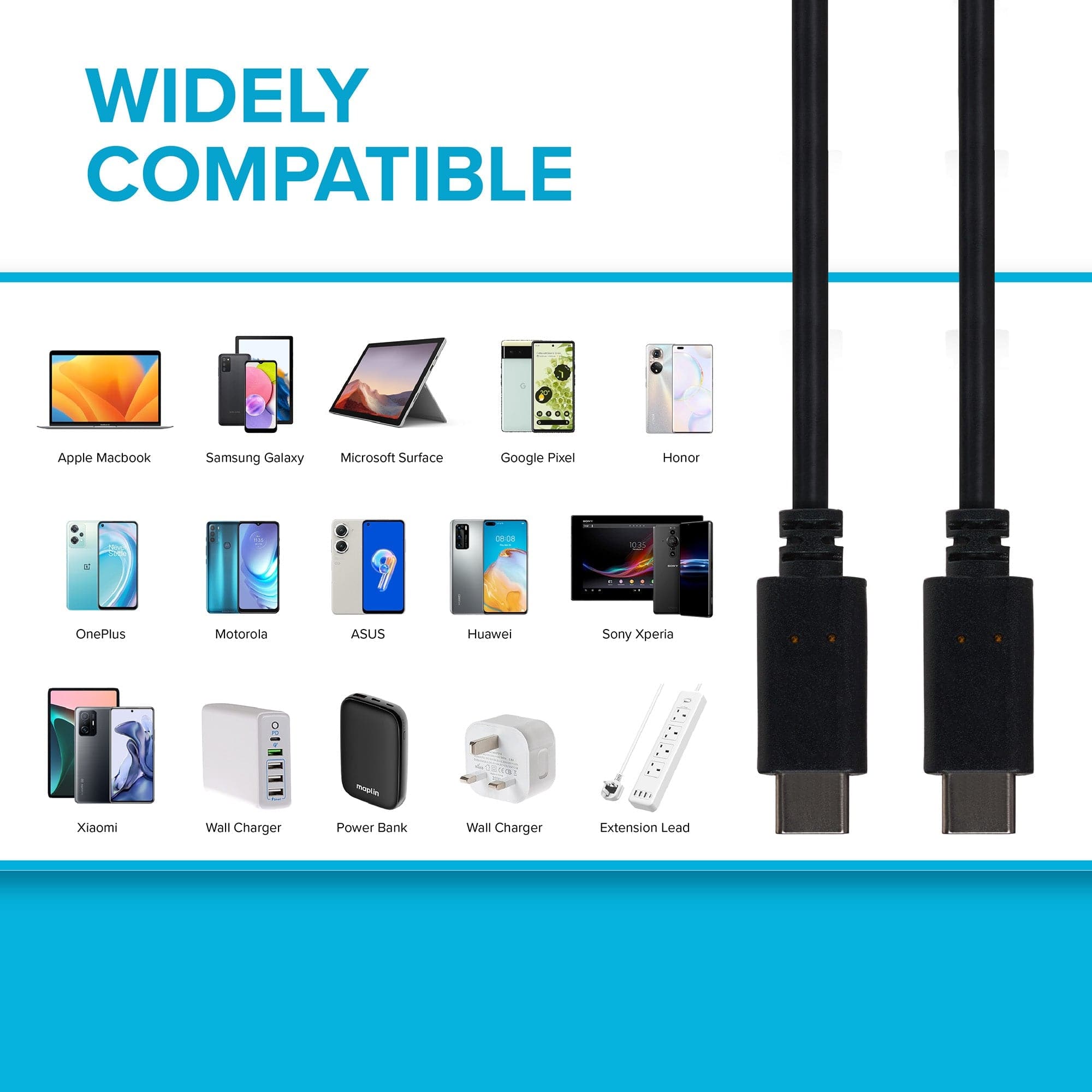 Maplin USB-C to USB-C 3.2 Gen2 100W 10Gbps Super Speed Cable - Black, 1m