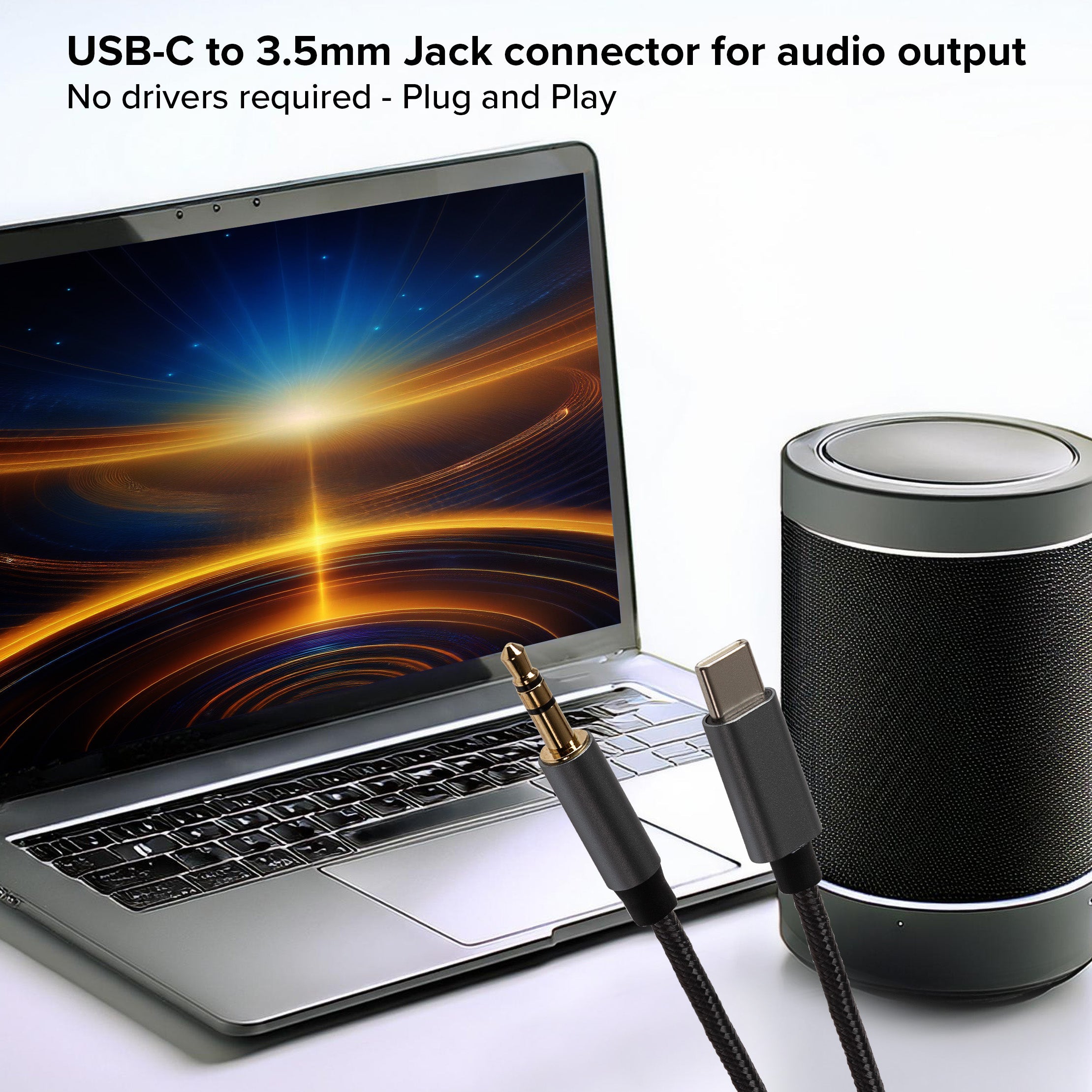 Maplin USB-C to 3.5mm Aux Stereo 3-Pole Jack Plug Braided Cable - Black, 2m