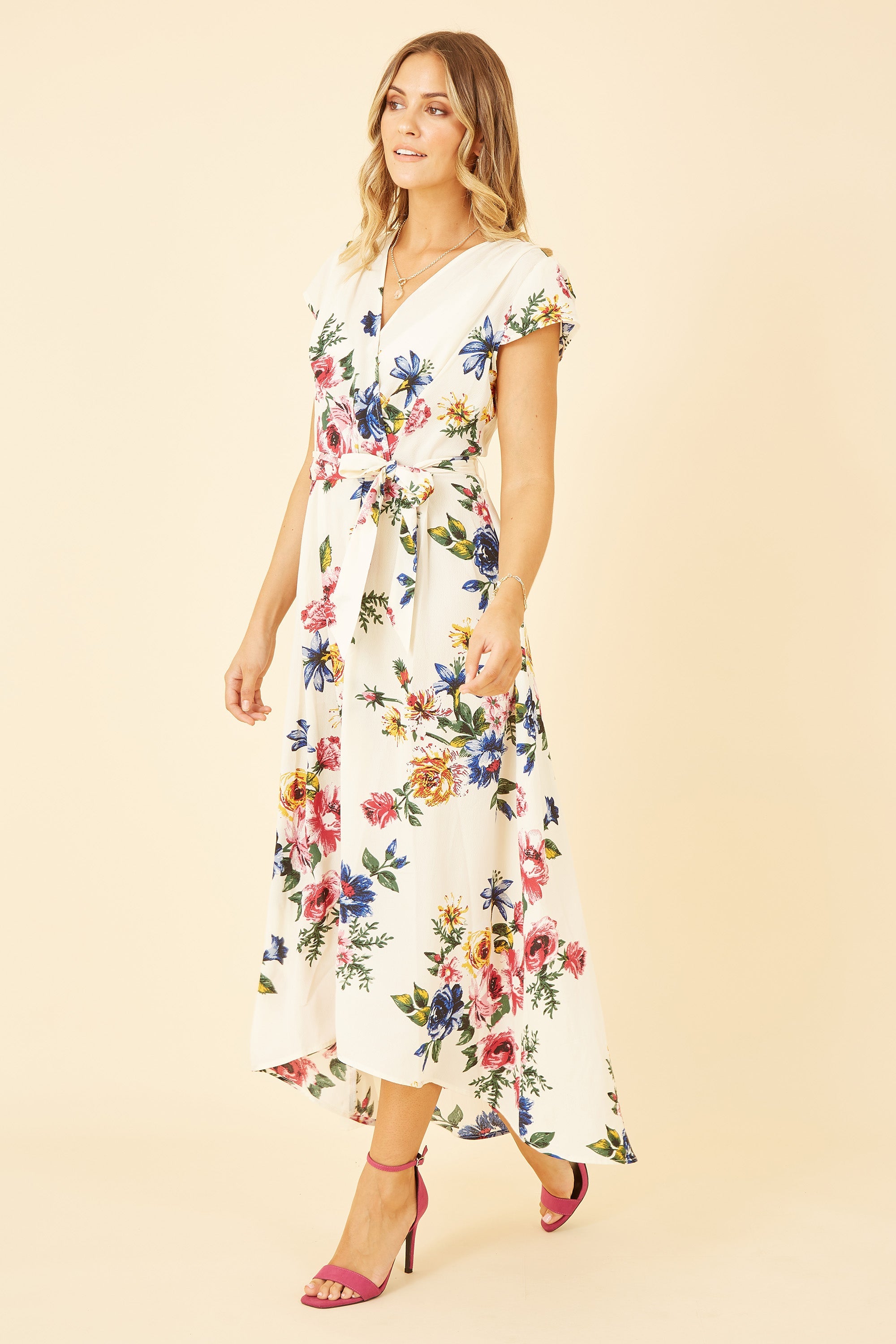 Yumi Ivory Floral Wrap Dip Hem Dress