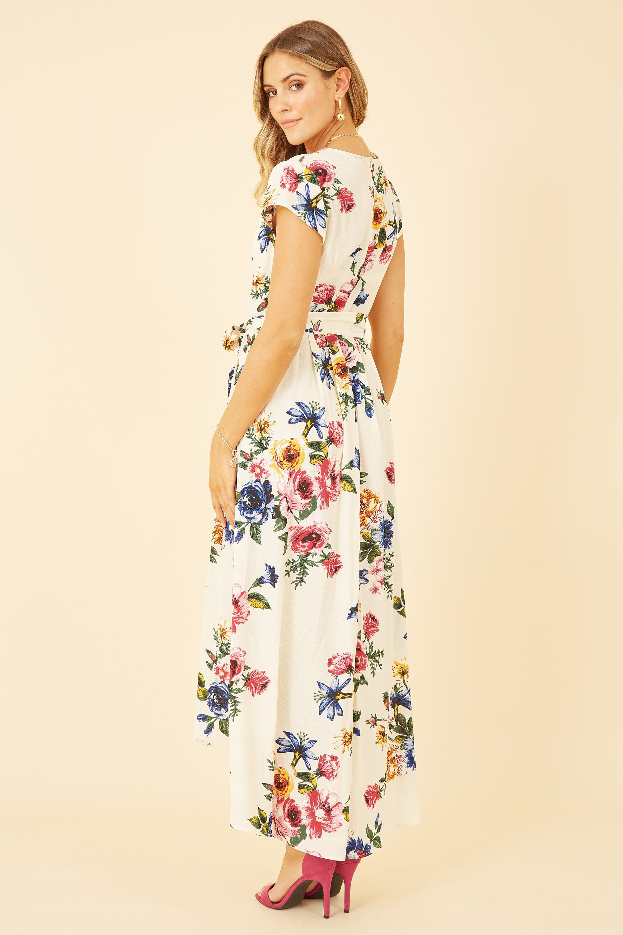 Yumi Ivory Floral Wrap Dip Hem Dress