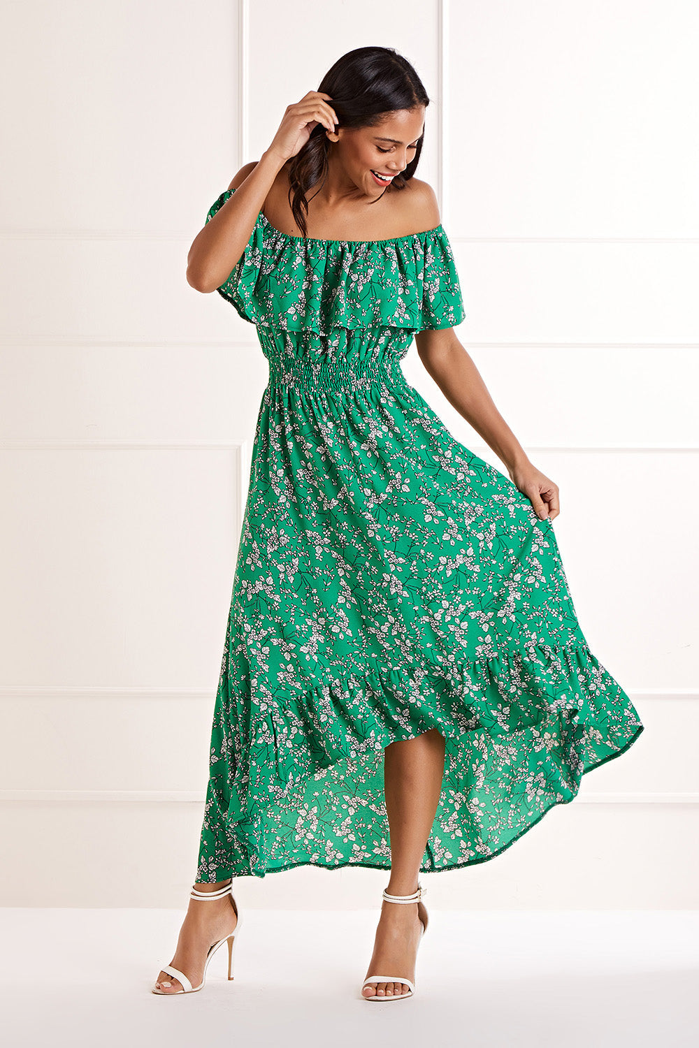 Yumi Green Bardot Asymmetric Maxi Dress with Ruffle Details