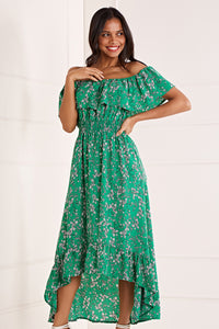 Yumi Green Bardot Asymmetric Maxi Dress with Ruffle Details