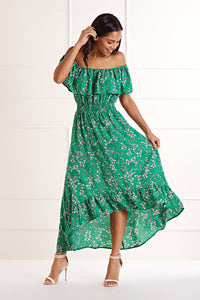 Yumi Green Bardot Asymmetric Maxi Dress with Ruffle Details