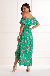Yumi Green Bardot Asymmetric Maxi Dress with Ruffle Details