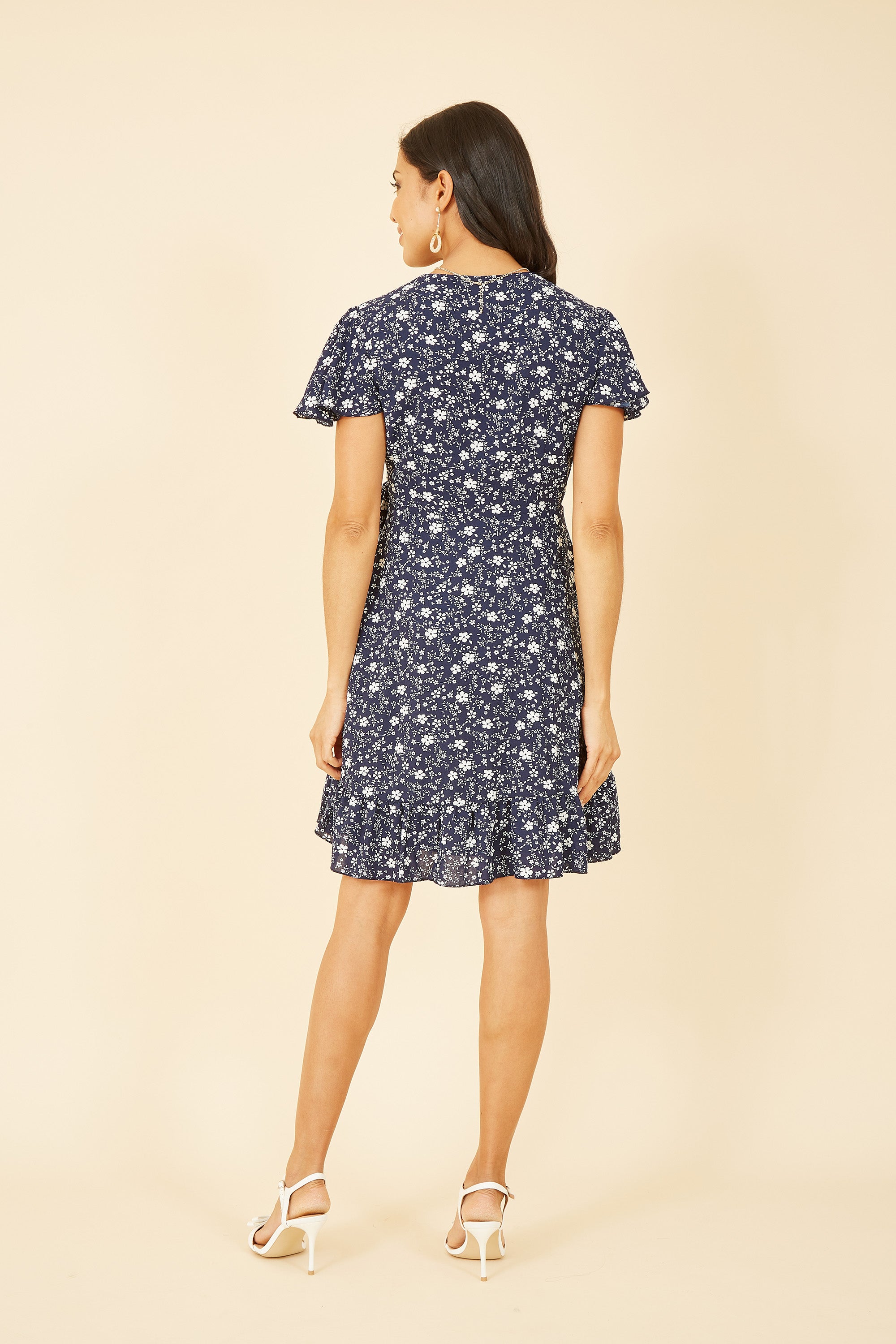 Yumi Navy Ditsy Floral Wrap Frill Dress
