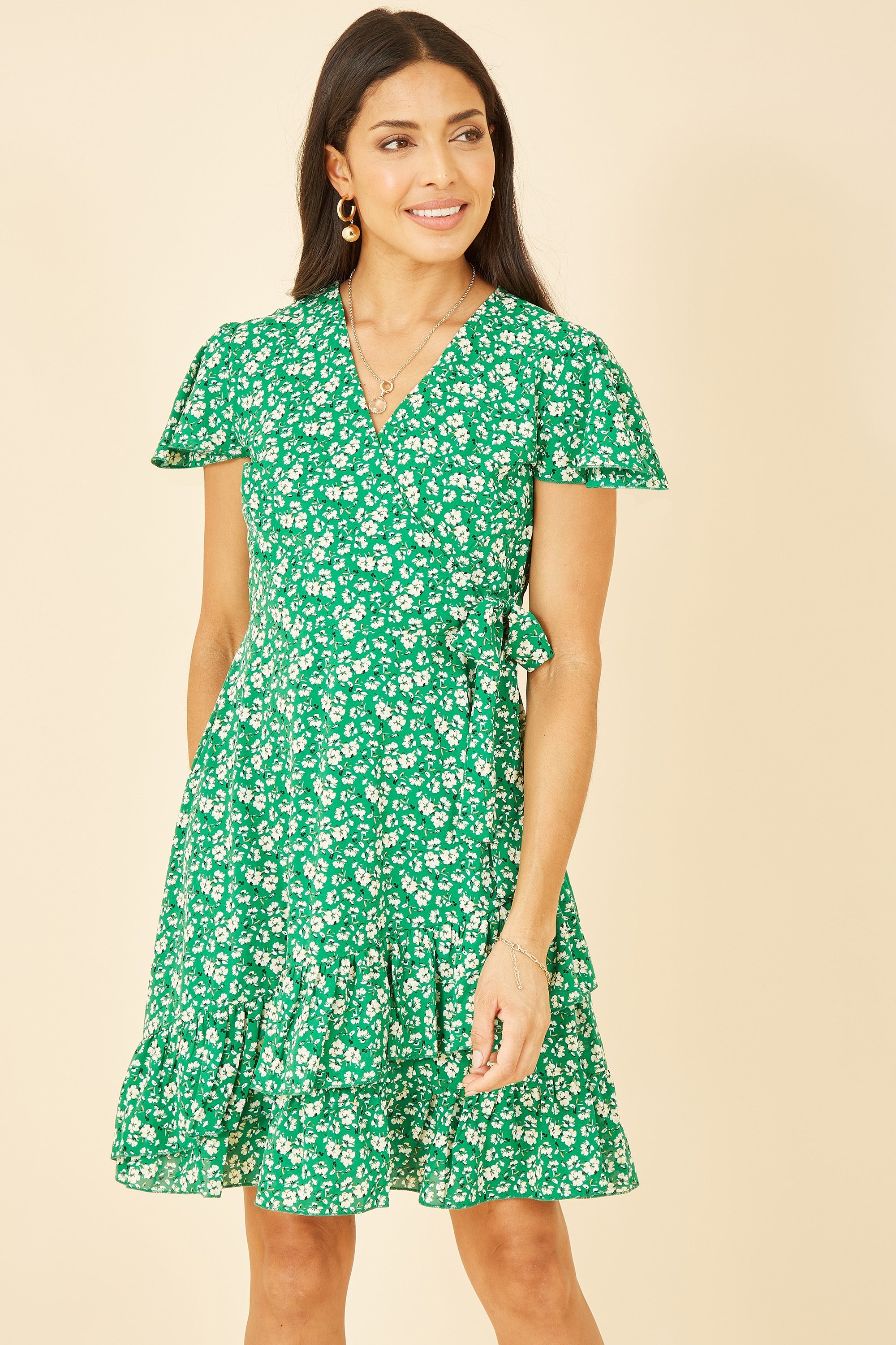 Yumi Green Ditsy Floral Wrap Frill Dress