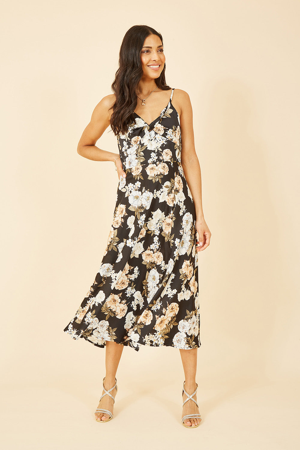 Mela Black Floral Satin Twist Front Midi Dress