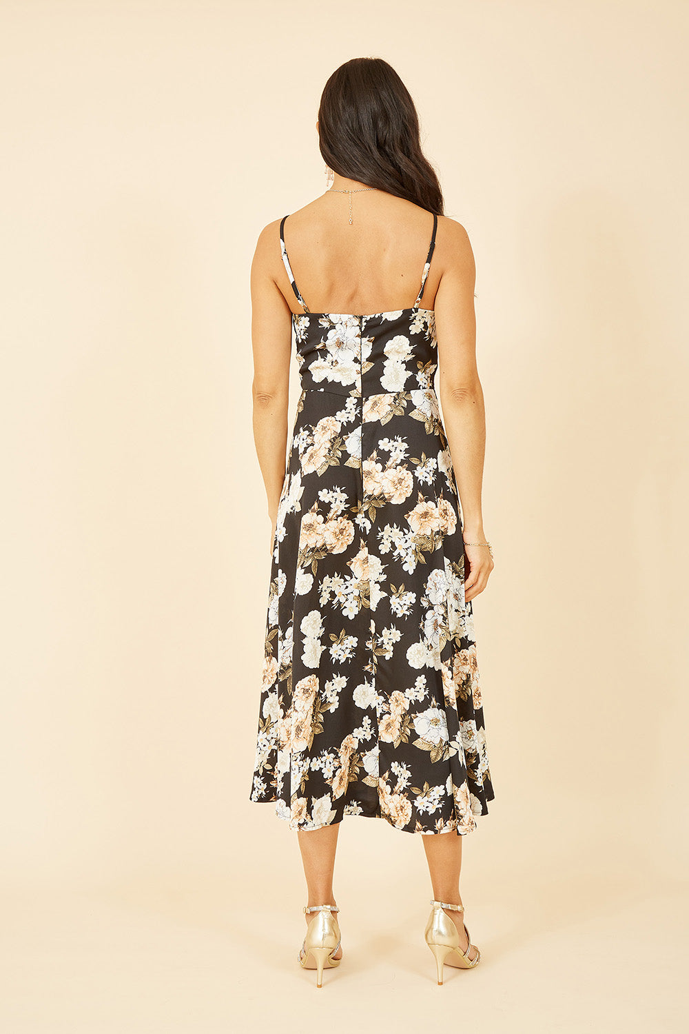 Mela Black Floral Satin Twist Front Midi Dress