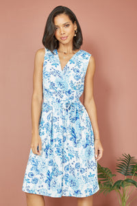 Yumi Floral Wrap Midi Skater Dress in Blue