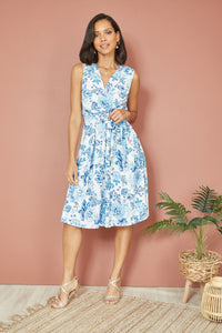 Yumi Floral Wrap Midi Skater Dress in Blue