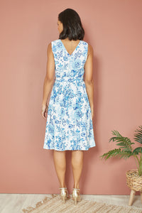 Yumi Floral Wrap Midi Skater Dress in Blue