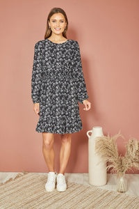 Mela Black Floral Print Long Sleeve Skater Dress with Ruched Waist