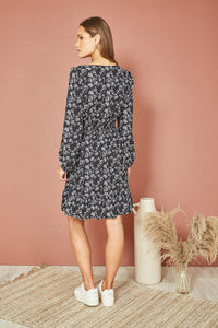 Mela Black Floral Print Long Sleeve Skater Dress with Ruched Waist