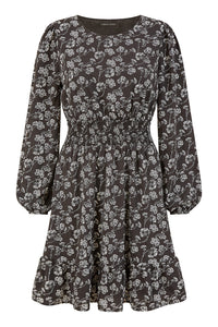 Mela Black Floral Print Long Sleeve Skater Dress with Ruched Waist